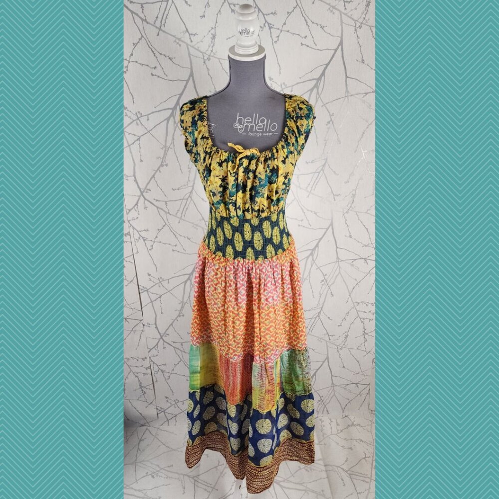 Unbranded Colorful Patchwork Cotton Smocked Long Midi Dress